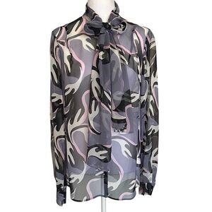 Diane von Furstenberg DVF Women’s Sheer Silk Blouse Bow Neck Sz 14 Long Sleeve